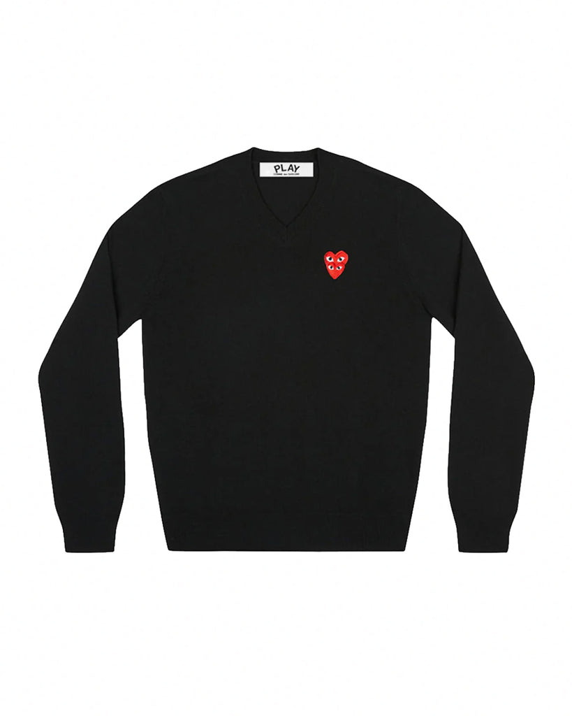 N074 DOUBLE RED HEART V-NECK SWEATER / BLACK – THIS IS FABRIC