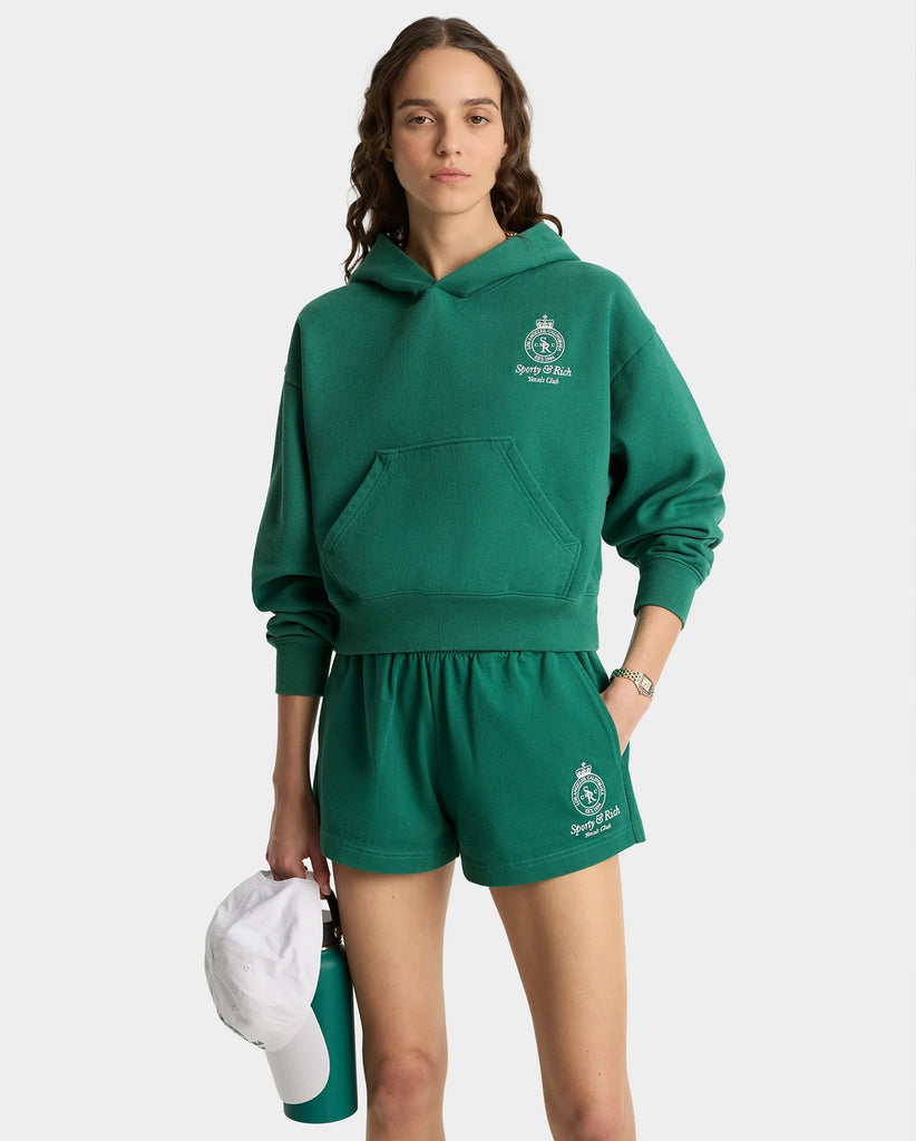 Shop SPORTY&RICH CROWN TENNIS CROPPED HOODIE / ALPINE WHITE from