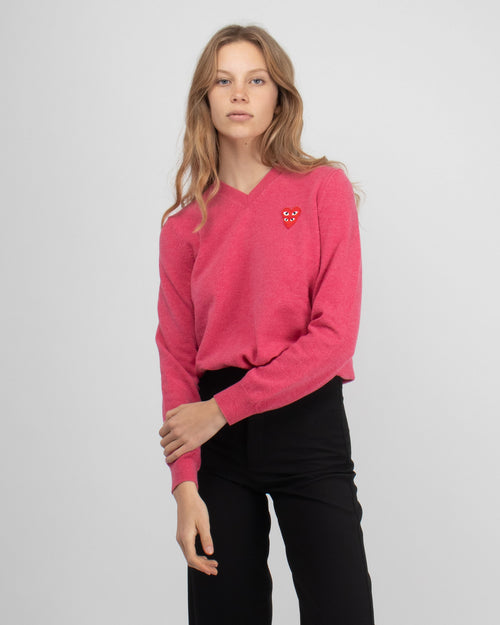 N073 DOUBLE RED HEART V-NECK SWEATER / PINK