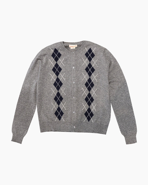 ARGYLE CREWNECK CARDIGAN / GREY WITH NAVY DIAMOND & ECRU