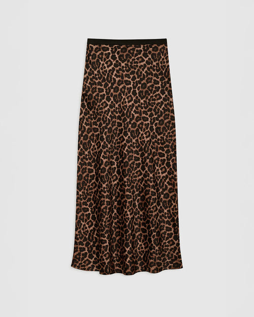 PRINTED BAR SILK SKIRT / BLACK AND BROWN LEOPARD
