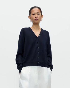 MERINO WOOL BUTTON CARDIGAN / NAVY