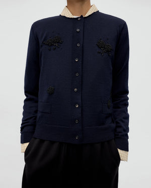 MERINO WOOL EMBELLISHED CARDIGAN / NAVY