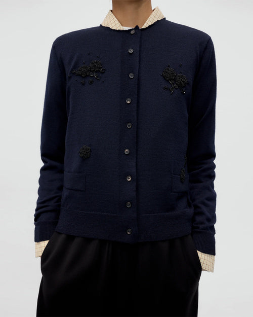 MERINO WOOL EMBELLISHED CARDIGAN / NAVY