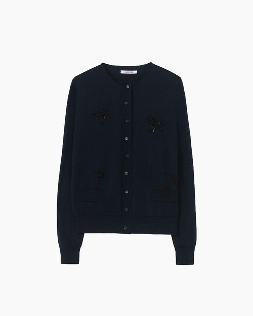 MERINO WOOL EMBELLISHED CARDIGAN / NAVY