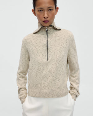 FLECKED COTTON ZIP-UP SWEATER / NATURAL