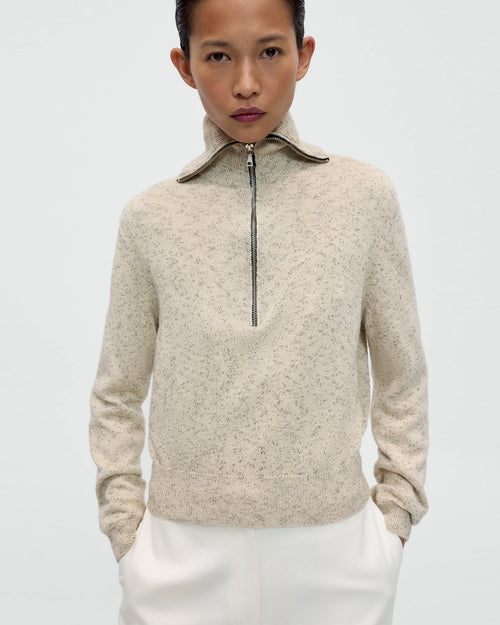 FLECKED COTTON ZIP-UP SWEATER / NATURAL