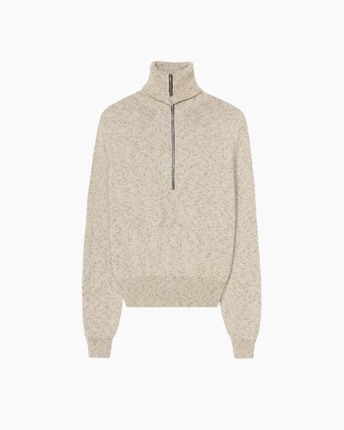 FLECKED COTTON ZIP-UP SWEATER / NATURAL