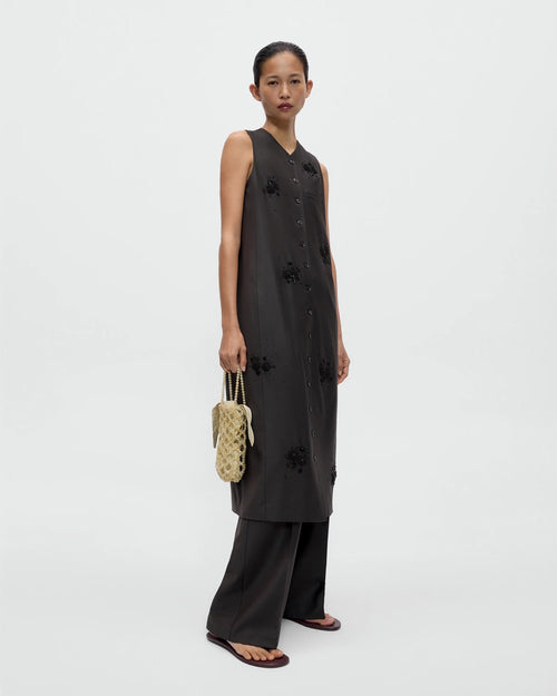 TAILORED EMBELLISHED LONG DRESS / DARK BROWN