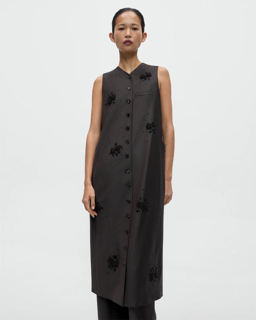 TAILORED EMBELLISHED LONG DRESS / DARK BROWN