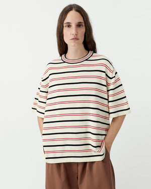 ORGANIC COTTON STRIPED T-SHIRT / CREAM RED BLACK STRIPE