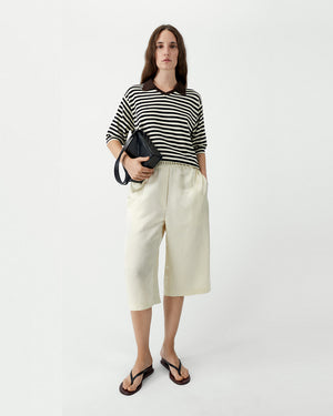 ORGANIC COTTON V-NECK POLO / CREAM AND BLACK STRIPE