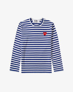 T164 UNISEX RED HEART L/S T-SHIRT / NAVY STRIPE