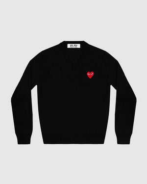 N002 UNISEX RED HEART V-NECK SWEATER / BLACK