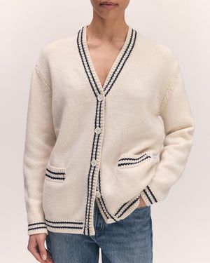 CLODAGH V-NECK CARDIGAN / WHITE / NAVY