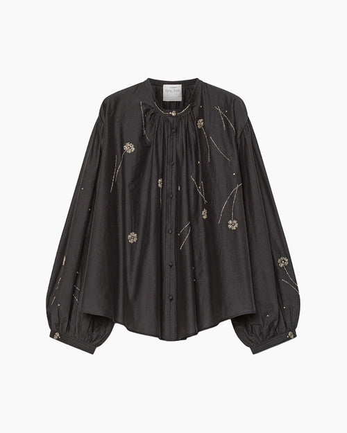 FLEURS D'ORIENT EMBROIDERY VOILE BOHEMIAN SHIRT / NERO