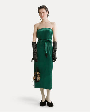 SILKY VELVET PLEATED JERSEY MIDI DRESS / JADE