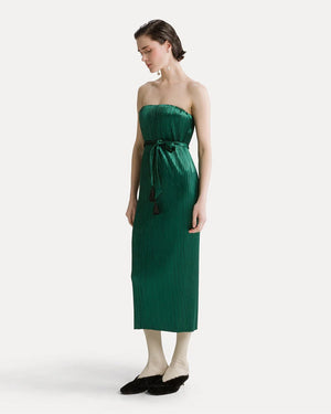 SILKY VELVET PLEATED JERSEY MIDI DRESS / JADE