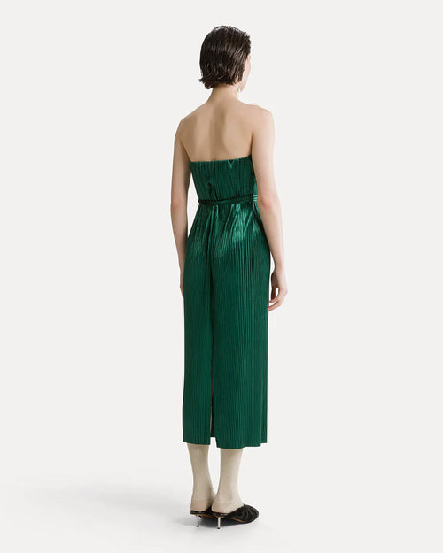 SILKY VELVET PLEATED JERSEY MIDI DRESS / JADE