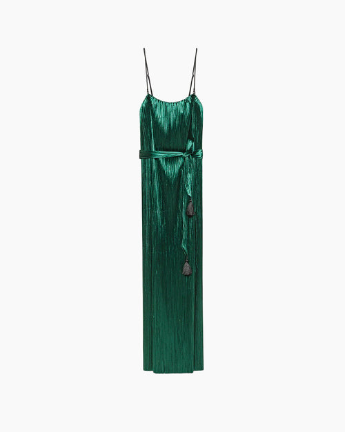 SILKY VELVET PLEATED JERSEY MIDI DRESS / JADE