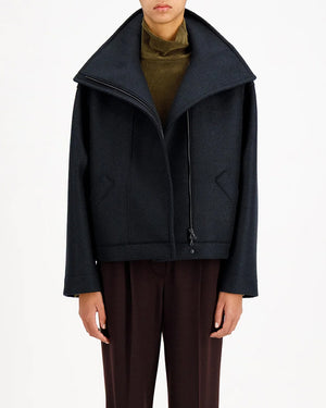 FUNNEL BIKER JACKET PRESSED WOOL / DARK BLUE