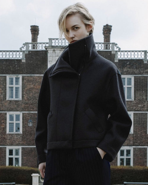 FUNNEL BIKER JACKET PRESSED WOOL / DARK BLUE