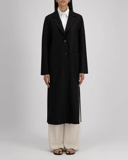 LIGHT PRESSED WOOL LONG BOXY COAT / BLACK