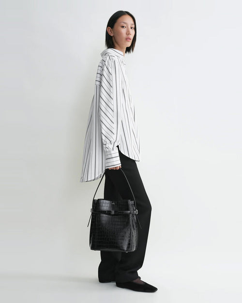 KIMONO-SLEEVE STRIPED SHIRT / WHITE BLACK