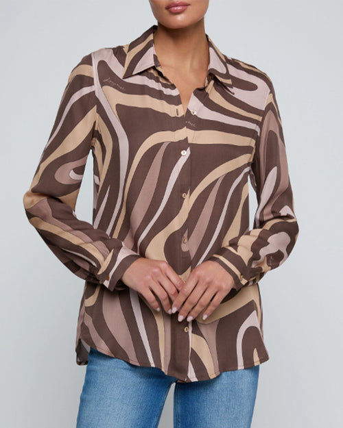 NINA SILK BLOUSE / SEPIA BROWN ABSTRACT SWIRL