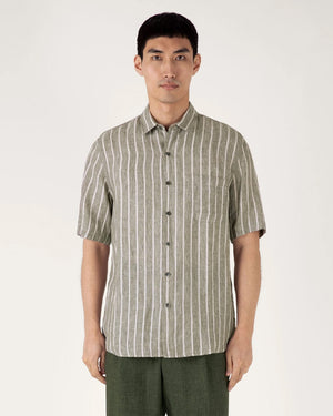 LINEN S/S SHIRT / DUSK GREEN ECRU WIDE PINSTRIPE