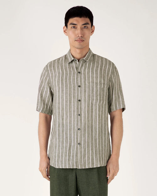 LINEN S/S SHIRT / DUSK GREEN ECRU WIDE PINSTRIPE