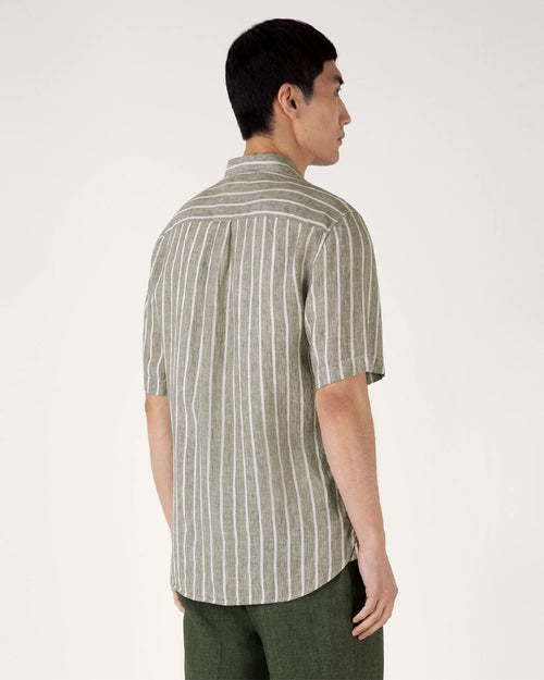 LINEN S/S SHIRT / DUSK GREEN ECRU WIDE PINSTRIPE