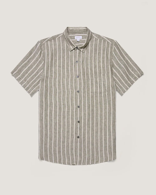 LINEN S/S SHIRT / DUSK GREEN ECRU WIDE PINSTRIPE