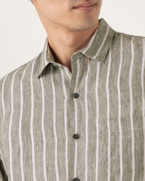 LINEN S/S SHIRT / DUSK GREEN ECRU WIDE PINSTRIPE