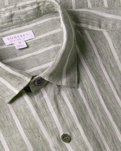 LINEN S/S SHIRT / DUSK GREEN ECRU WIDE PINSTRIPE