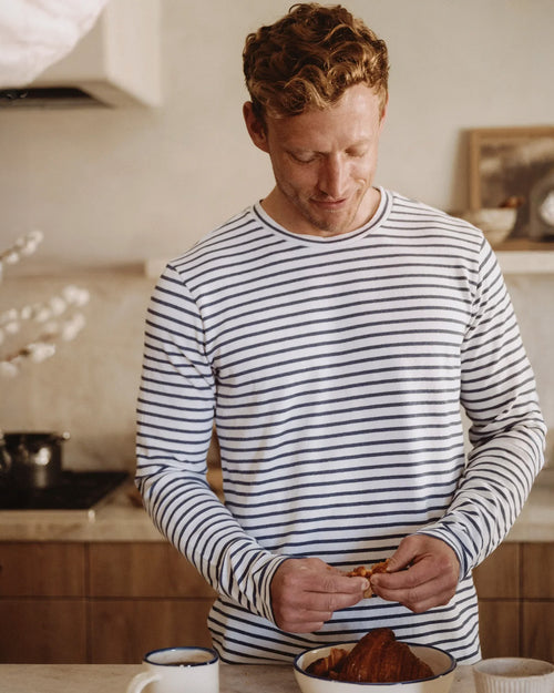 L/S ORGANIC HEMP STRIPE CREW TEE / WHITE
