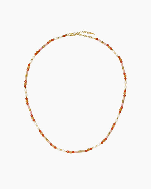 BEADED GEMSTONE & PEARL SHORT NECKLACE / GOLD