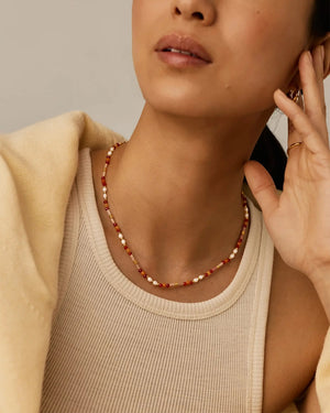 BEADED GEMSTONE & PEARL SHORT NECKLACE / GOLD