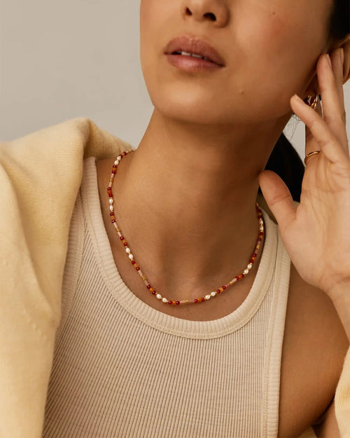 BEADED GEMSTONE & PEARL SHORT NECKLACE / GOLD