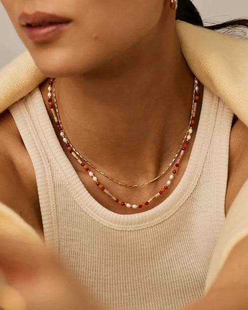 BEADED GEMSTONE & PEARL SHORT NECKLACE / GOLD