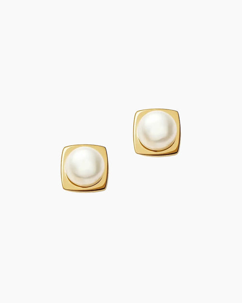 BUTTON PEARL SQUARE STUD EARRINGS / GOLD