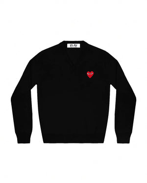 N002 UNISEX RED HEART V-NECK SWEATER / BLACK