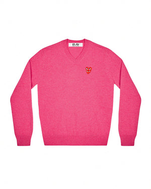 N073 DOUBLE RED HEART V-NECK SWEATER / PINK