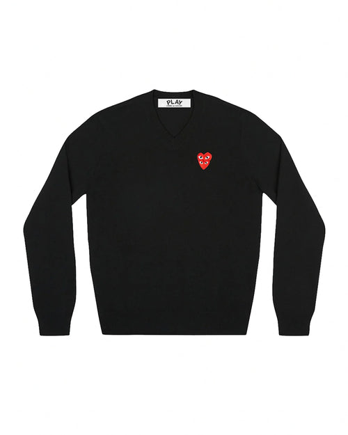 N074 DOUBLE RED  HEART V-NECK SWEATER / BLACK