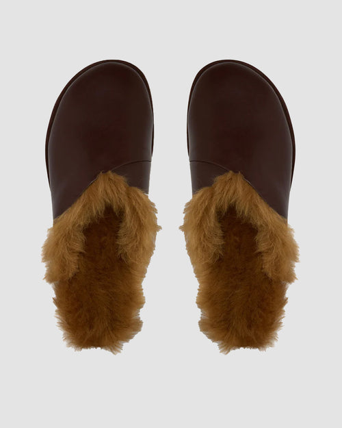 ATIK SHEARLING LEATHER FLAT / DARK CHOCOLATE