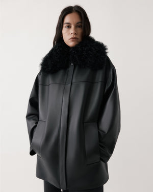 SHEARLING-COLLAR LEATHER JACKET / BLACK