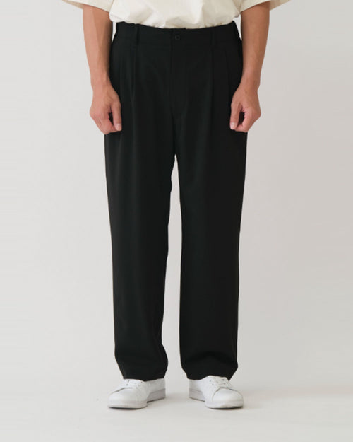 TWILL DOUBLE PLEATED WIDE PANTS / BLACK