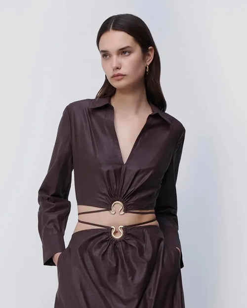 BRESLIN COATED SATIN CROP TOP / DARK CHOCOLATE