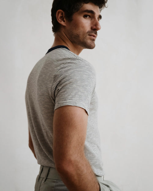 S/S THIN STRIPE RINGER TEE / ASH