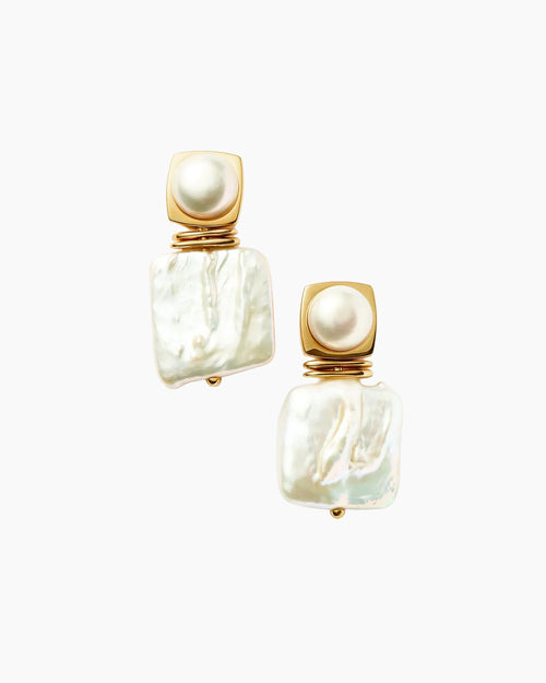 SQUARE PEARL STUD EARRINGS / GOLD